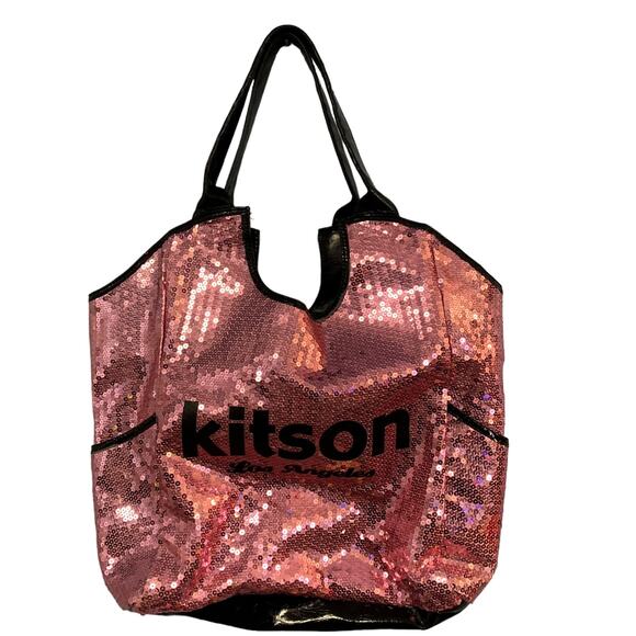 Kitson Los Angeles Pink Sequin Black Trim Tote Bag - Picture 3 of 9